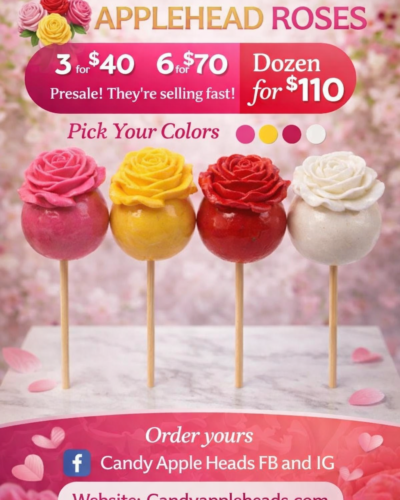 Mother’s Day candy apple rose pops in pink, yellow, red, and white by Candy Apple Heads